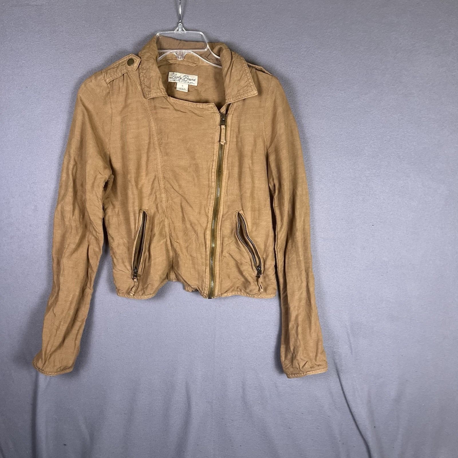 Lucky Brand Tan Linen Blend Asymmetric Zip Front Moto Jacket Sz Small